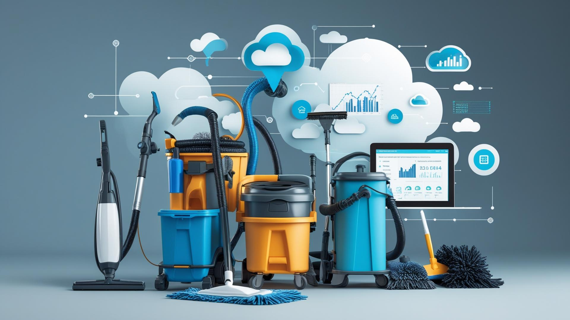 Cloud ERP concept with janitorial tools for Jan-San distributors.